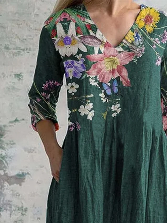 Floral Print Long Sleeve V-neck Dress