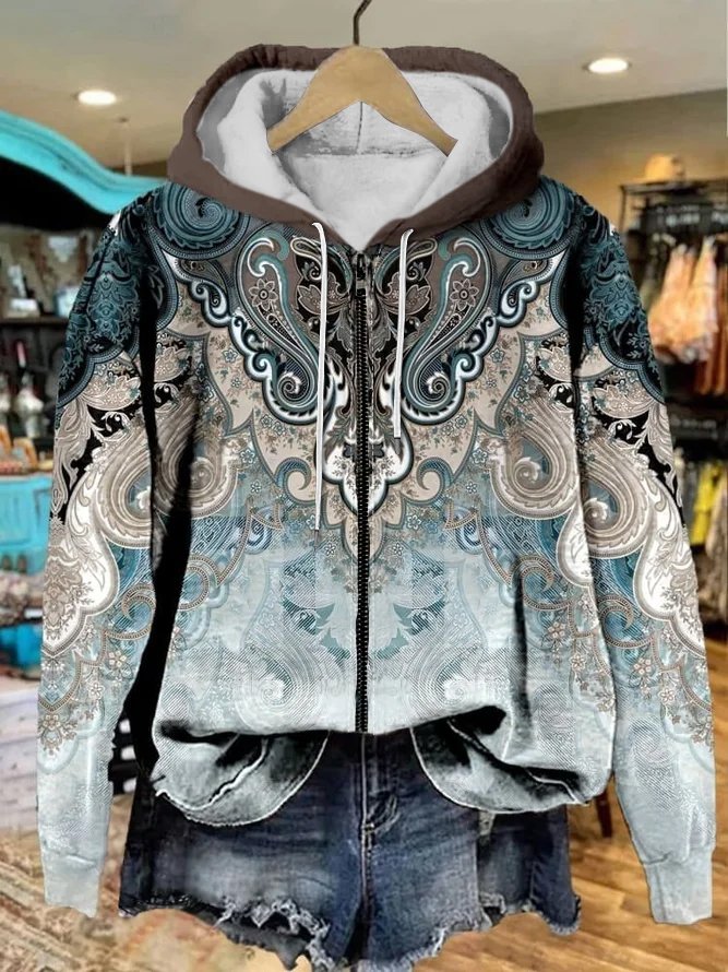 Women's Paisley Print Casual Zipper Sweatshirt Hoodie