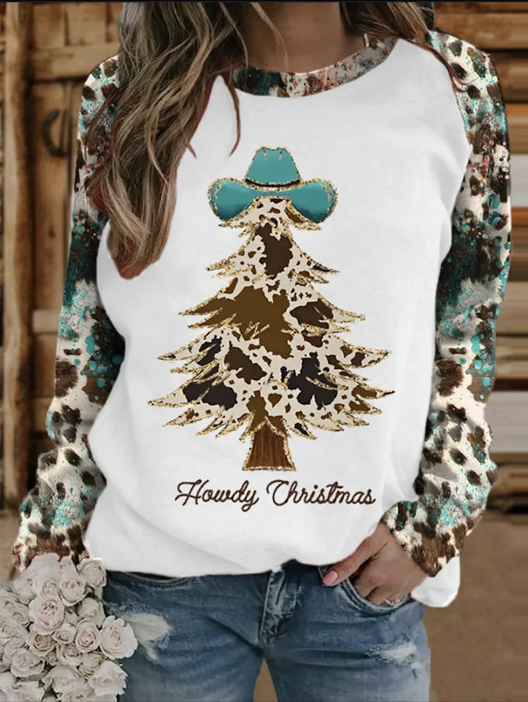 Western style color blocked round neck sweatshirt