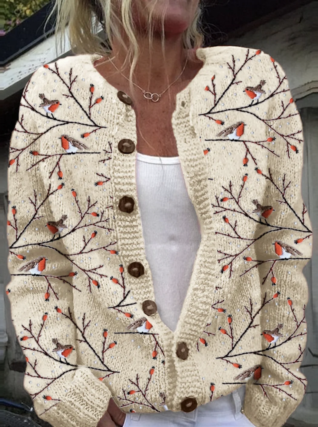 A bird standing on a tree branch embroidered knitted sweater cardigan