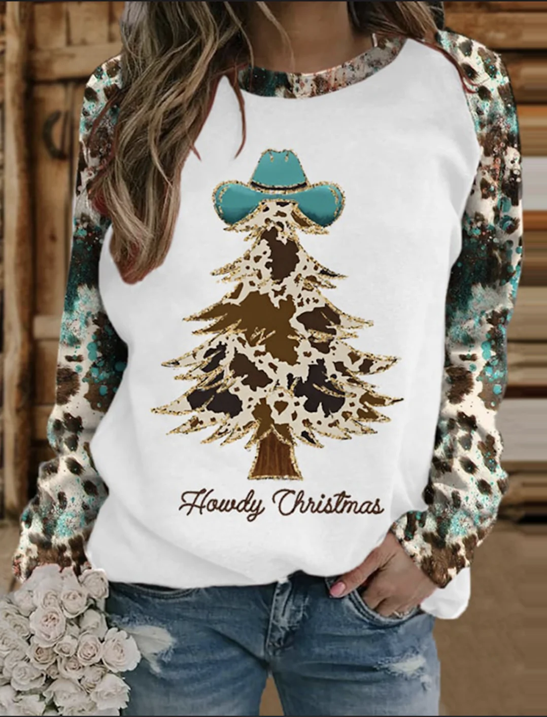 Western style color blocked round neck sweatshirt