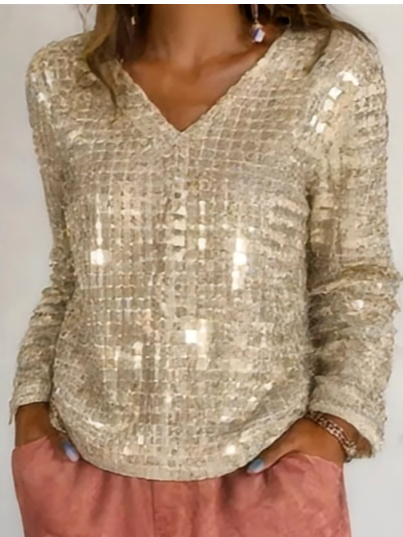 Women's V-Neck Sequined Long Sleeve T-Shirt Top