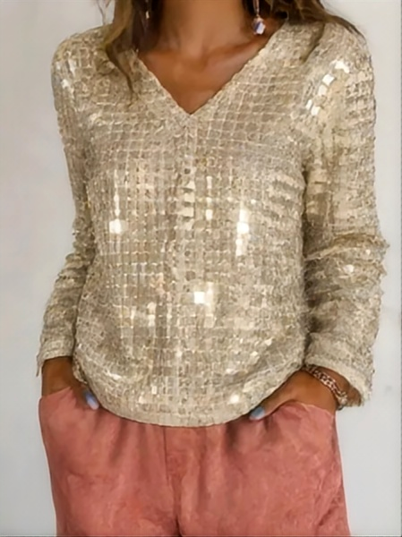 Women's V-Neck Sequined Long Sleeve T-Shirt Top