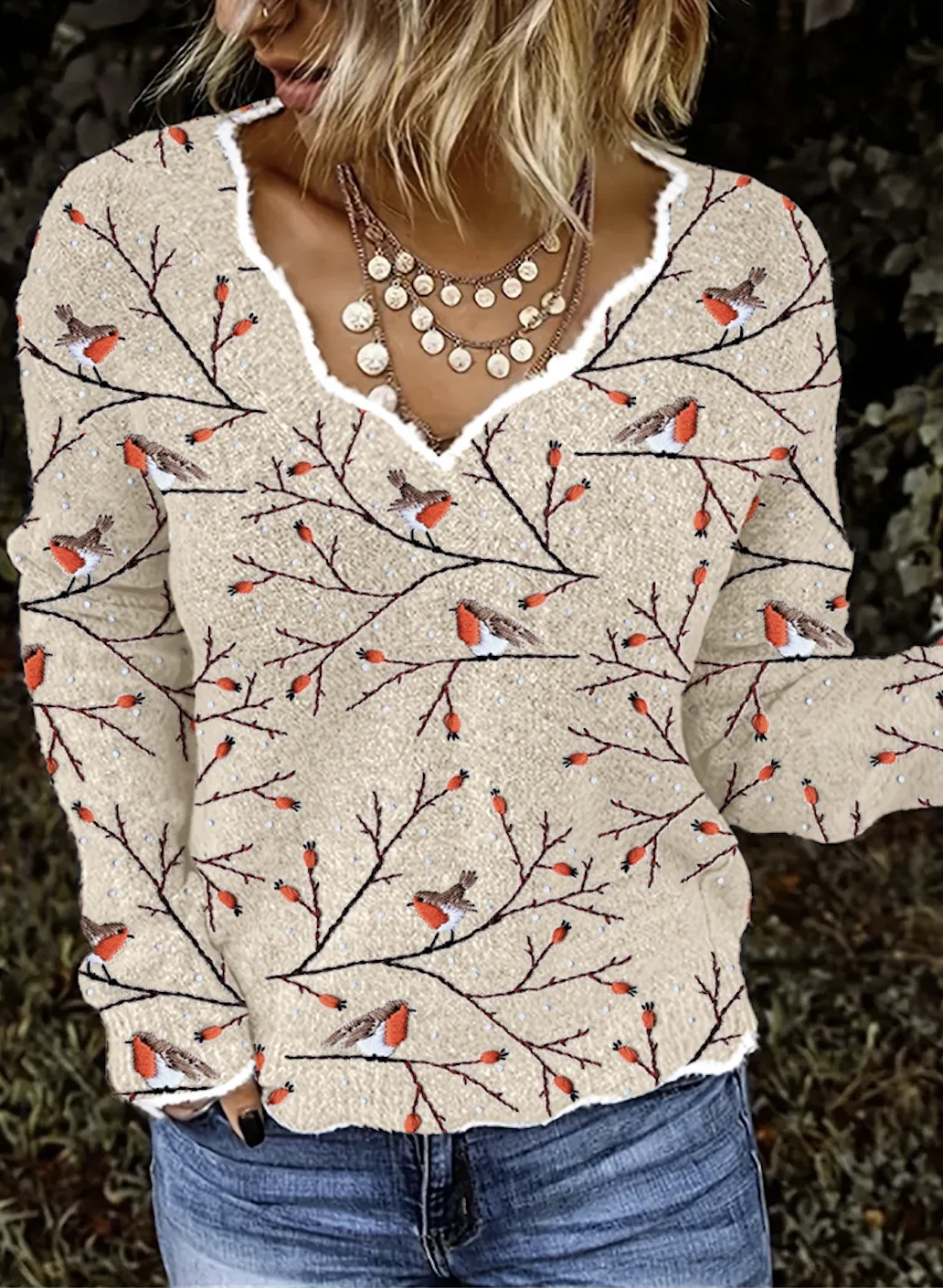 Bird branch embroidery pattern comfortable knitted V-neck sweater