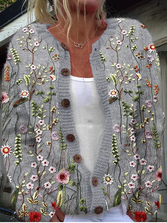 Floral Embroidery Pattern Buttoned Cardigan Sweater