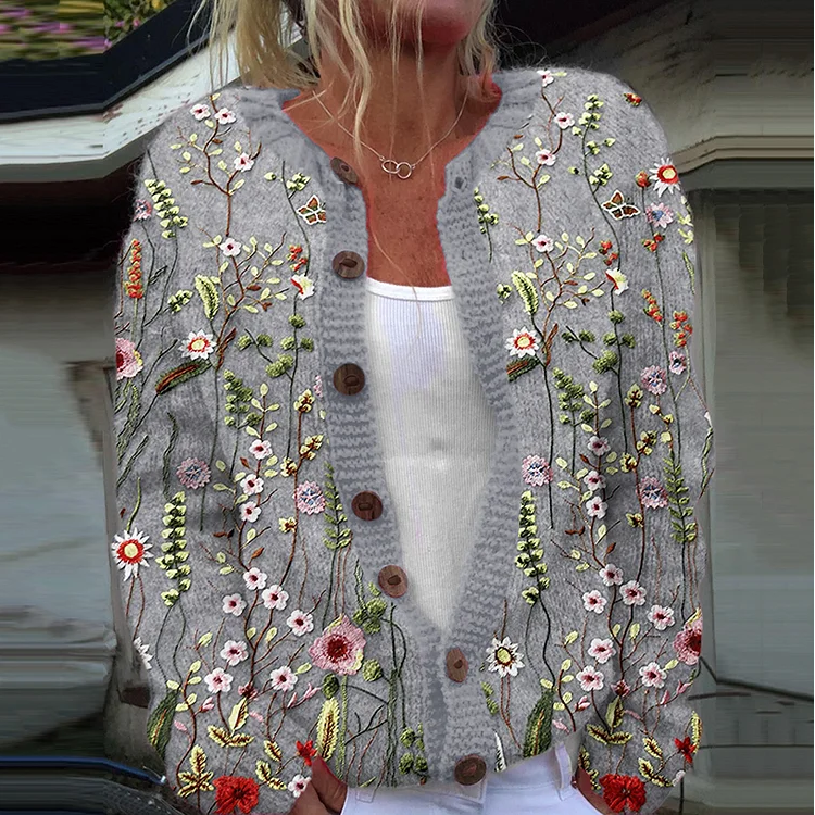 Floral Embroidery Pattern Buttoned Cardigan Sweater