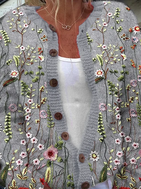 Floral Embroidery Pattern Buttoned Cardigan Sweater