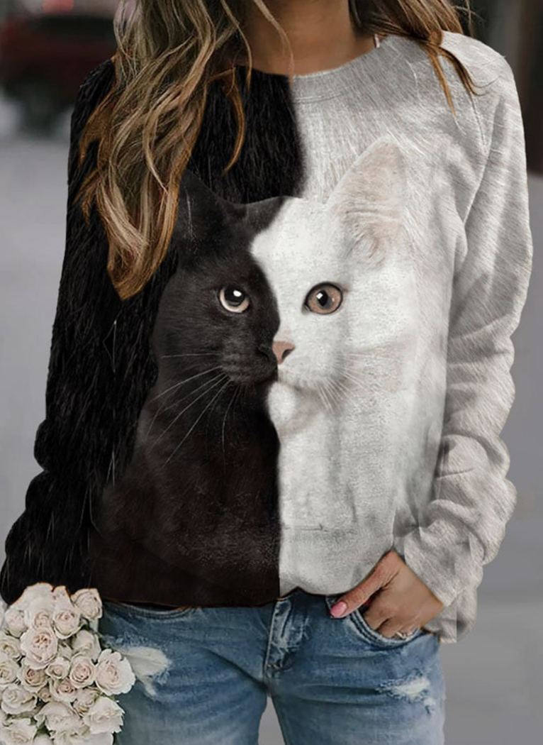 Cat Print Crew Neck Sweatshirt