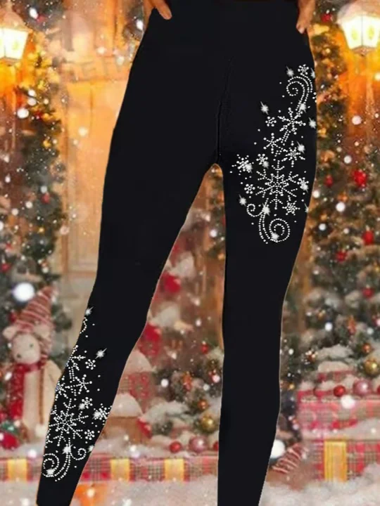 Women's Shiny Christmas Snowflake Print Casual Leggings