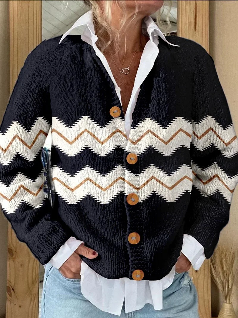 Casual Loose 3D Printing Knitted Cardigan