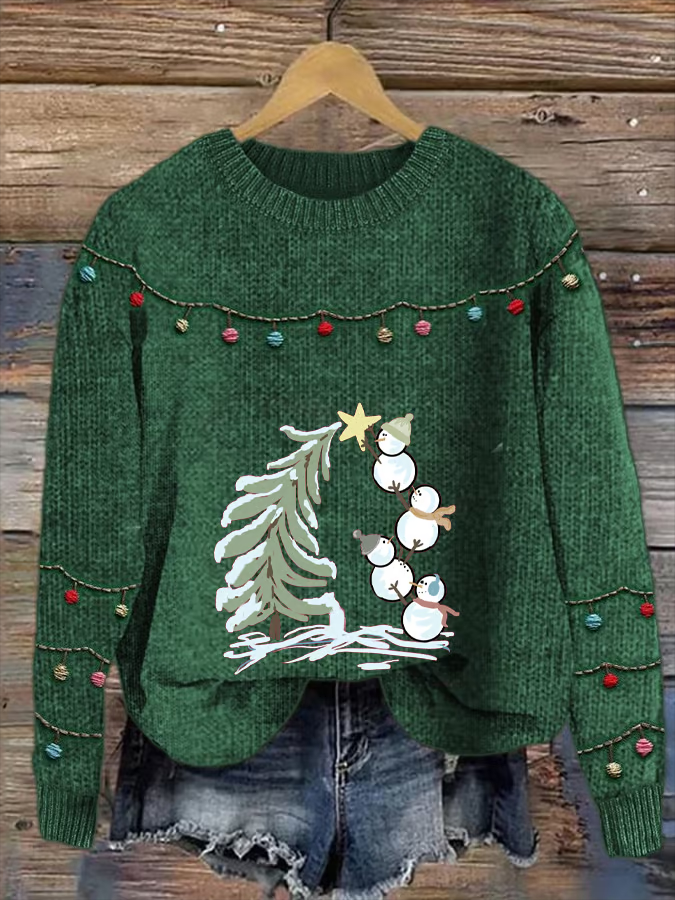 Women's Christmas Snowman Print Crew Neck Sweater