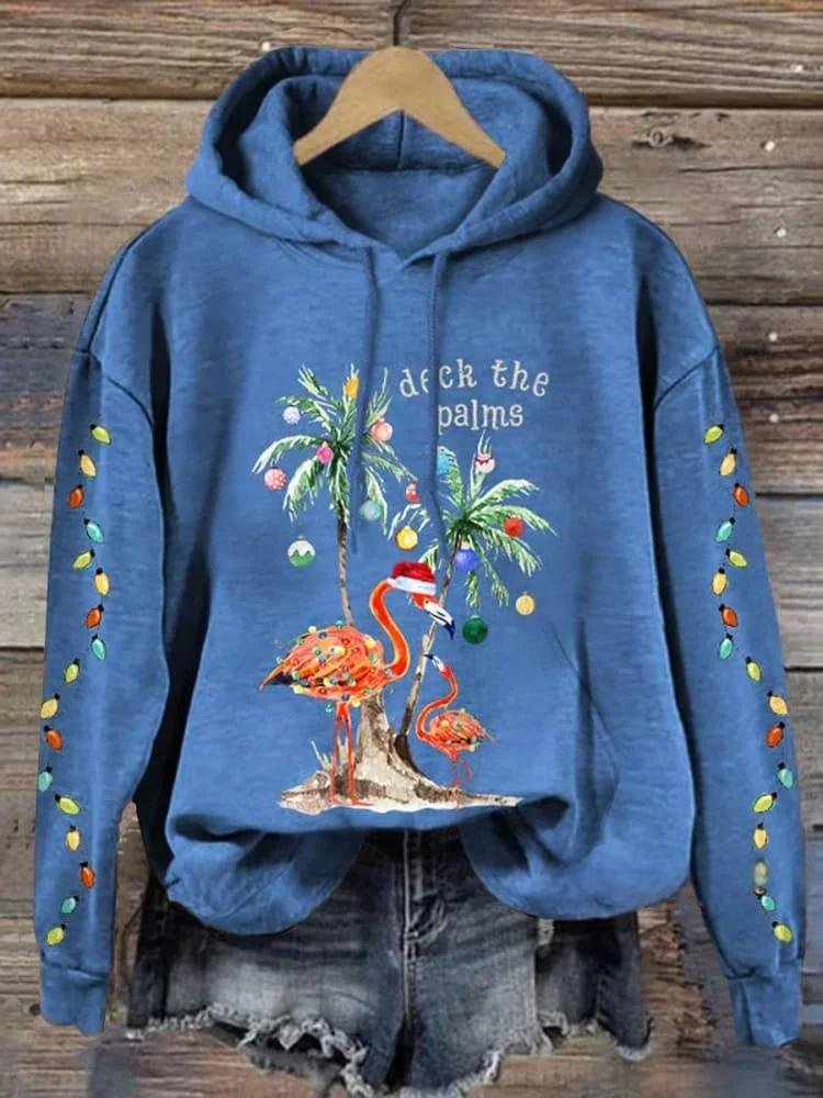 Christmas Flamingo Palm Tree Art Print Casual Hoodie Sweatshirt