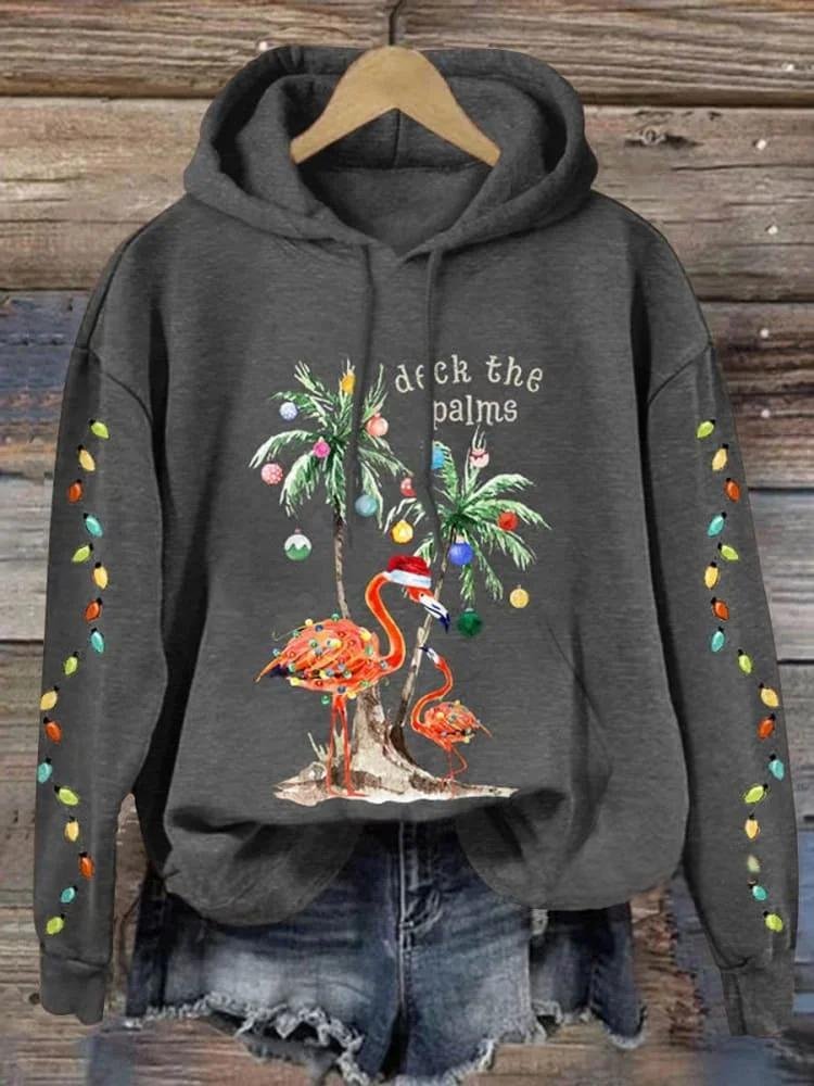 Christmas Flamingo Palm Tree Art Print Casual Hoodie Sweatshirt