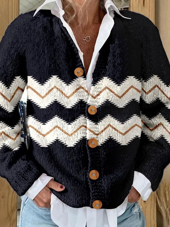 Casual Loose 3D Printing Knitted Cardigan