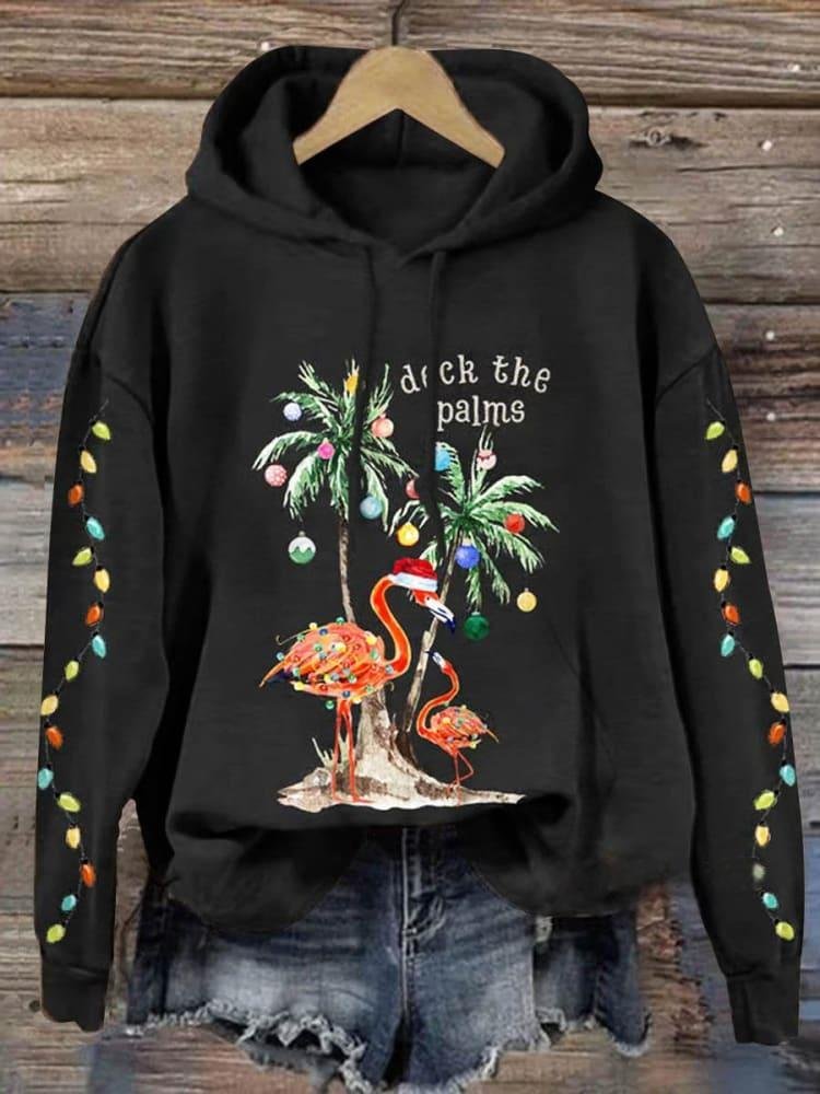 Christmas Flamingo Palm Tree Art Print Casual Hoodie Sweatshirt