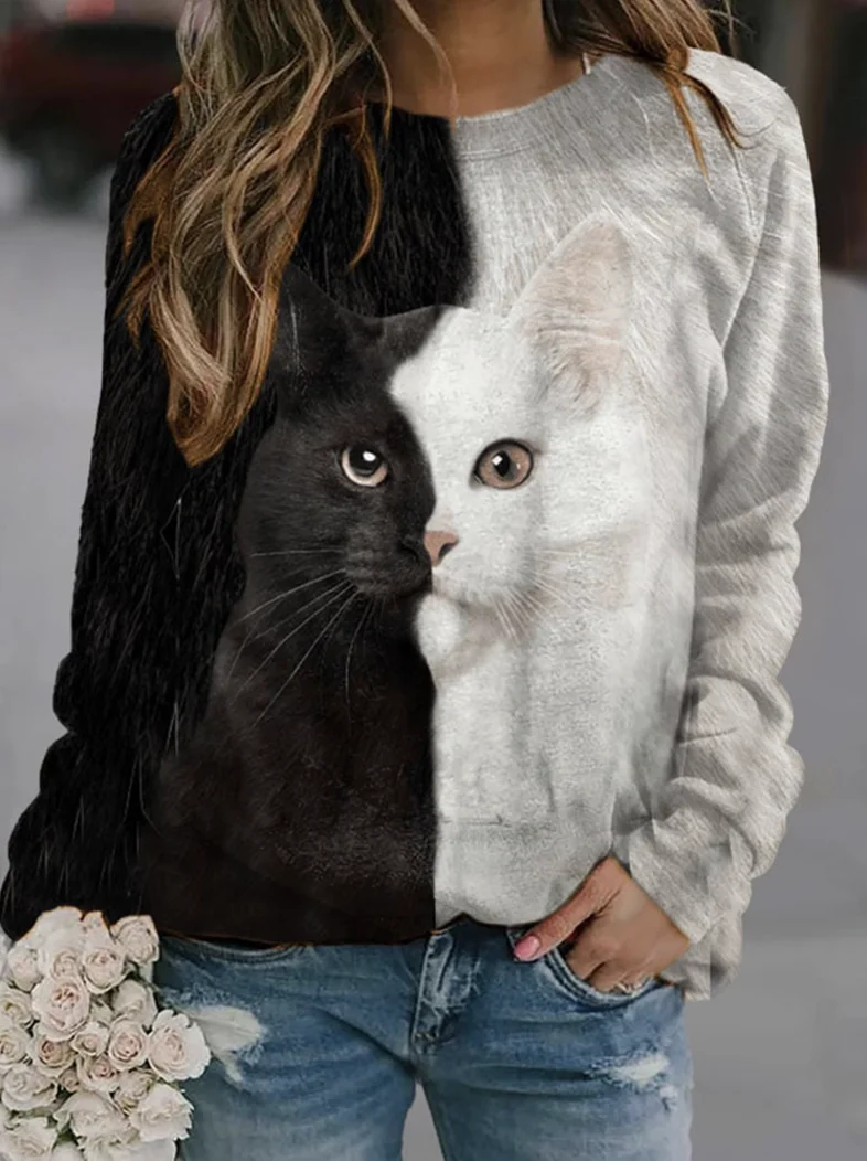 Cat Print Crew Neck Sweatshirt