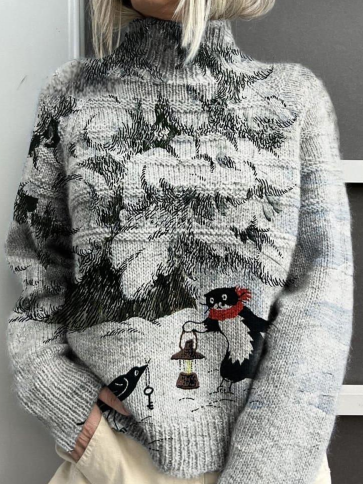 Funny Winter Print Knit Turtleneck Pullover Sweatshirt