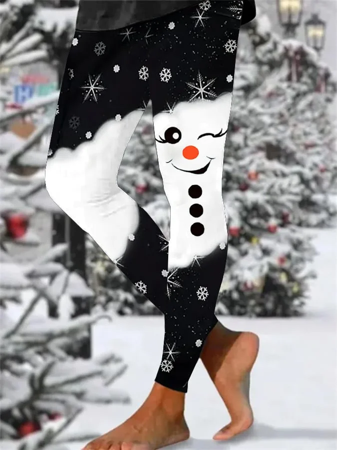 Women's Christmas Snowman Print Tight High Elastic Leggings