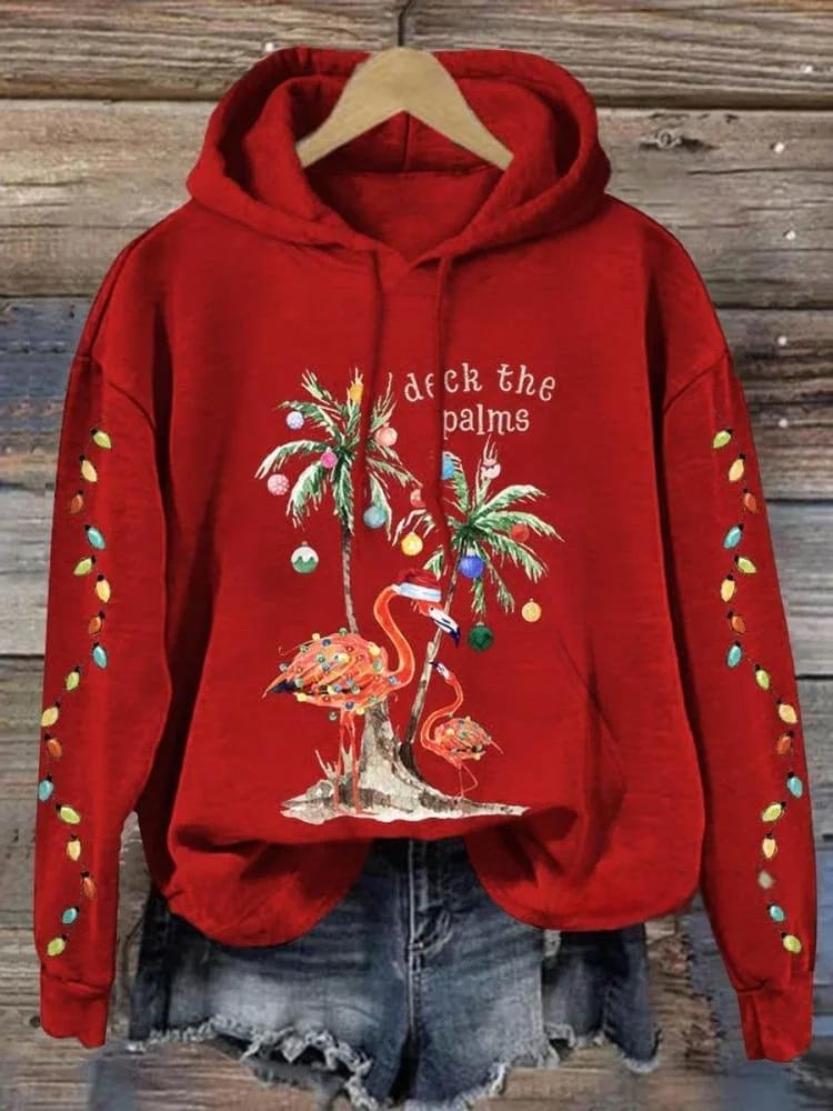 Christmas Flamingo Palm Tree Art Print Casual Hoodie Sweatshirt