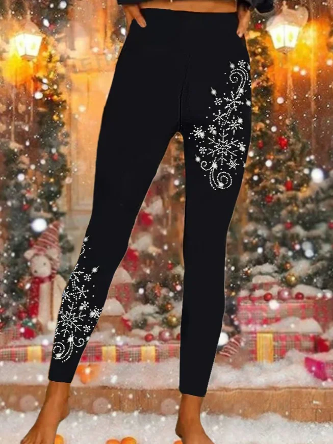 Women's Shiny Christmas Snowflake Print Casual Leggings