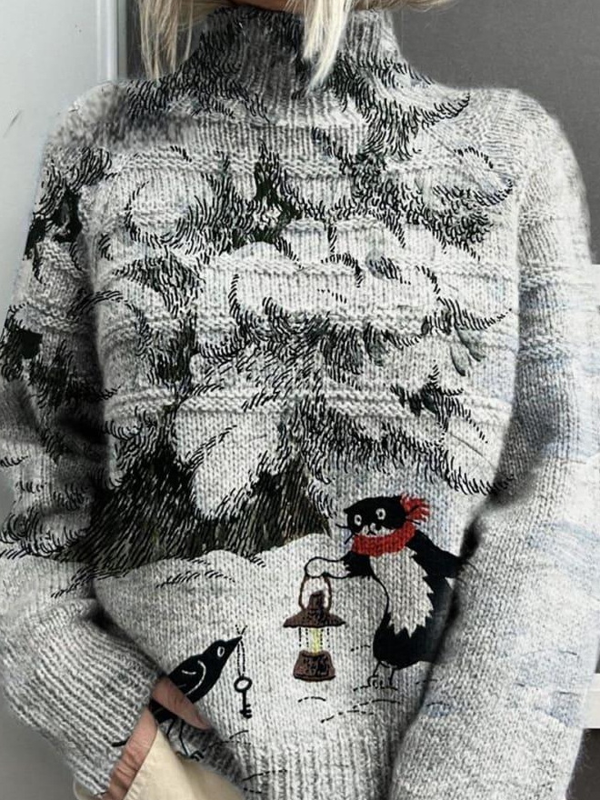 Funny Winter Print Knit Turtleneck Pullover Sweatshirt