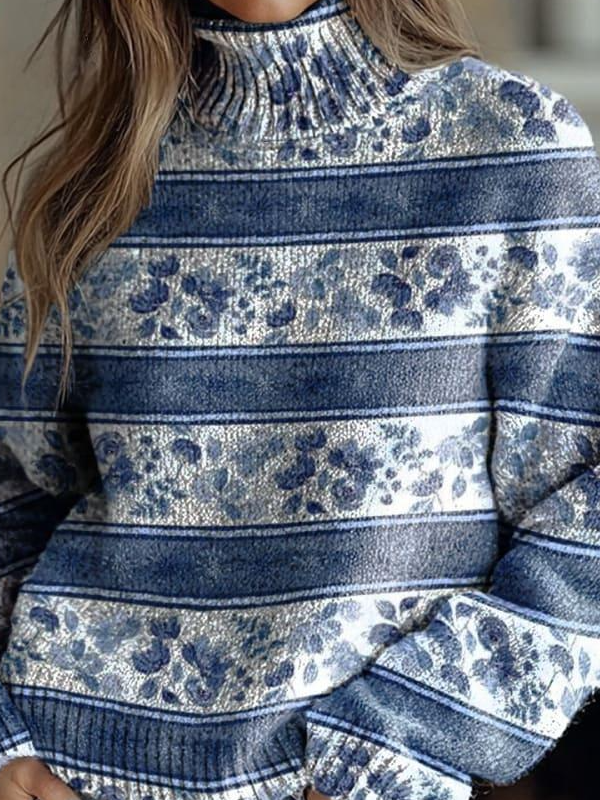 Blue Horizontal Striped Florals Print Knit Turtleneck Pullover Sweater