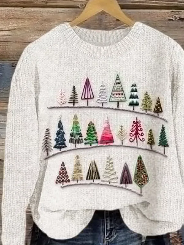 Women's Christmas Tree Embroidered Print Crew Neck Sweater