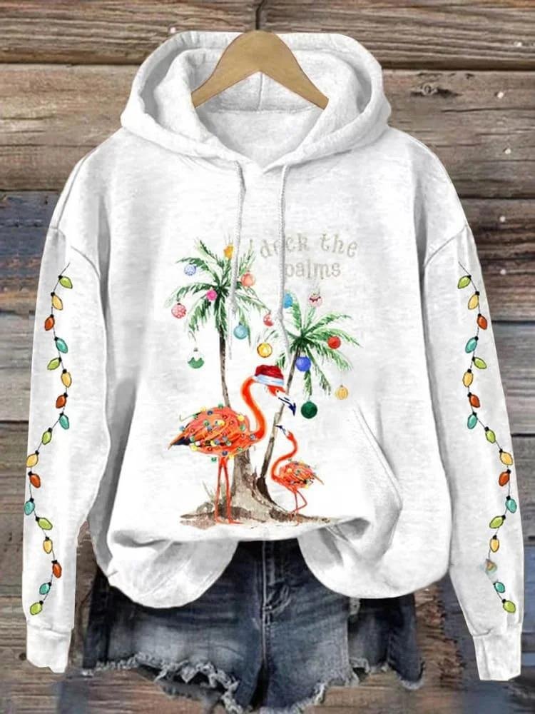 Christmas Flamingo Palm Tree Art Print Casual Hoodie Sweatshirt