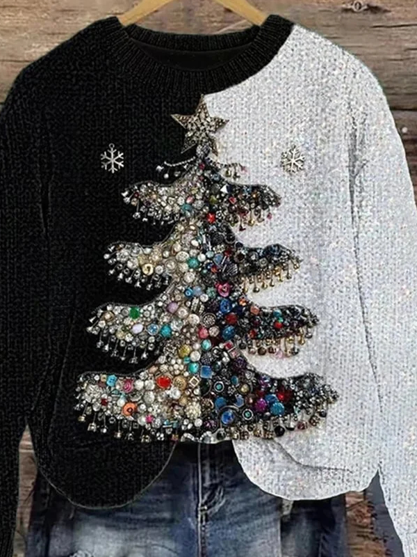 Black and white casual knitted sweater with Christmas tree for women