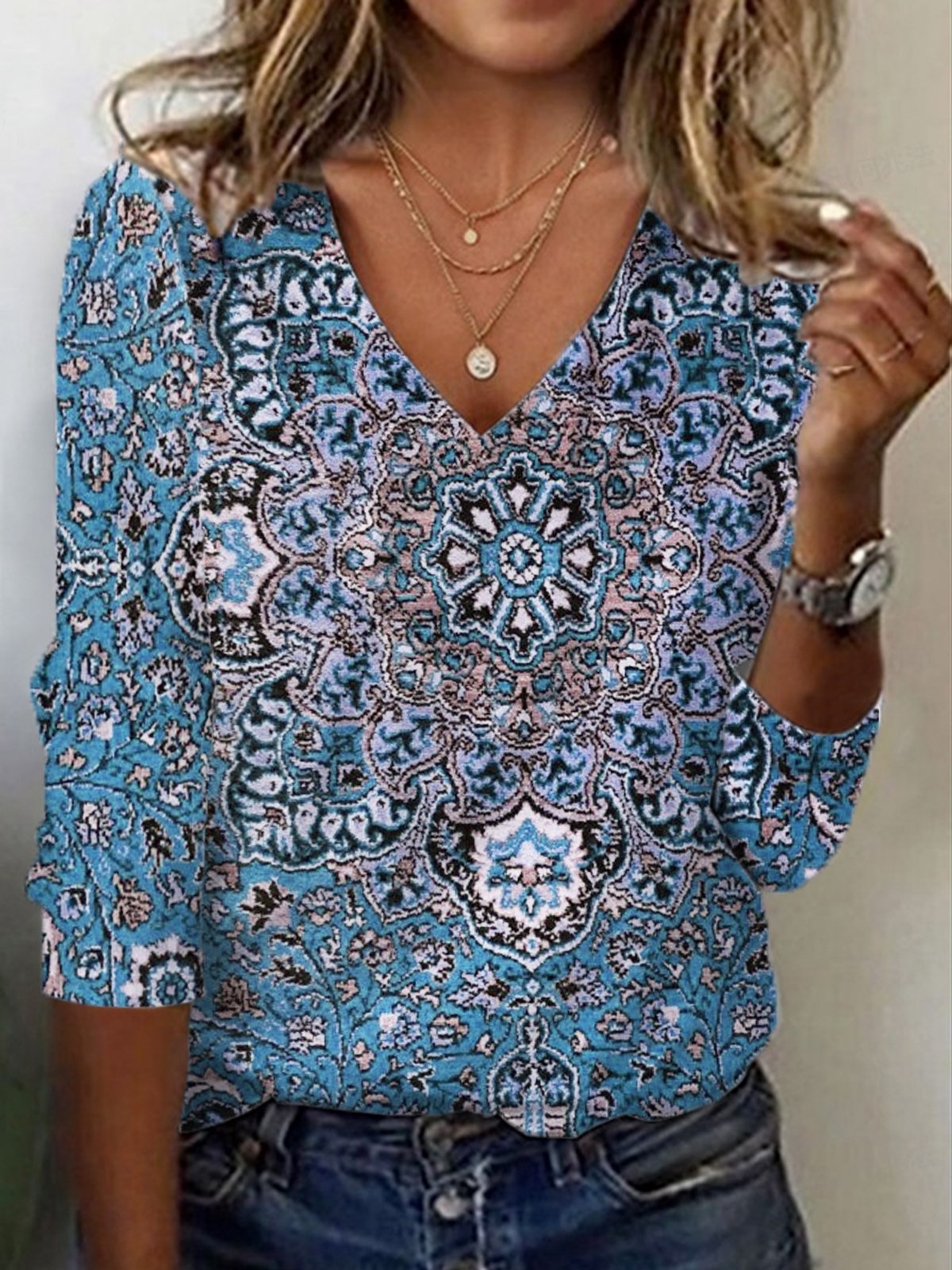 Ethnic Print Long Sleeve V-Neck T-shirt