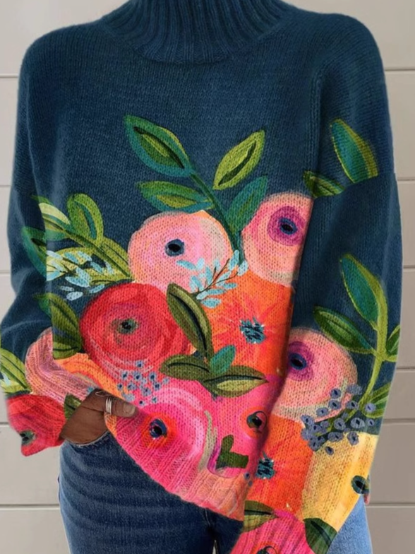 Turtleneck Casual Floral Sweatshirt