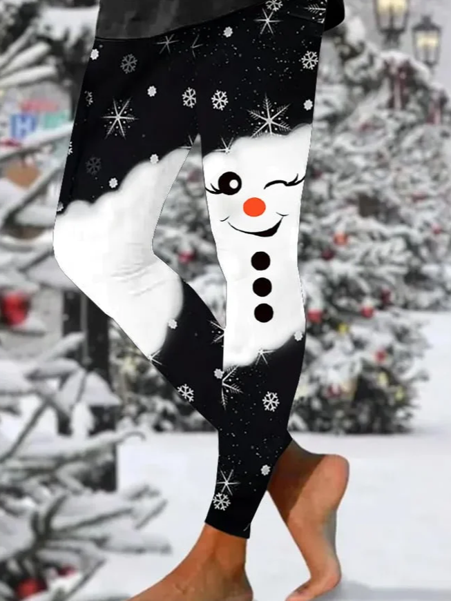 Women's Christmas Snowman Print Tight High Elastic Leggings