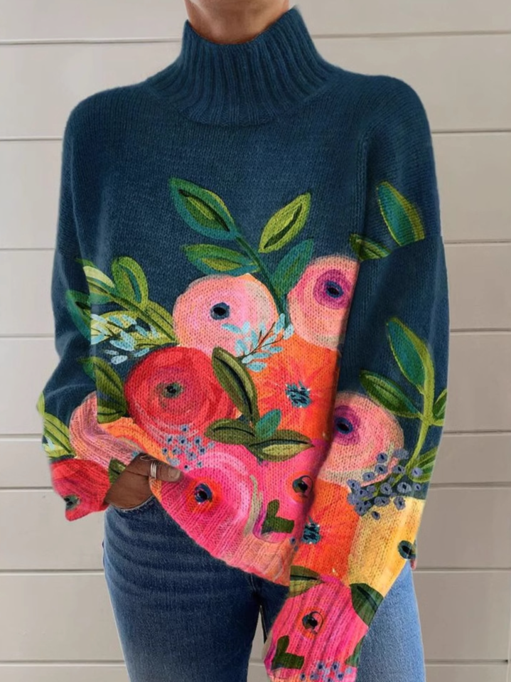 Turtleneck Casual Floral Sweatshirt