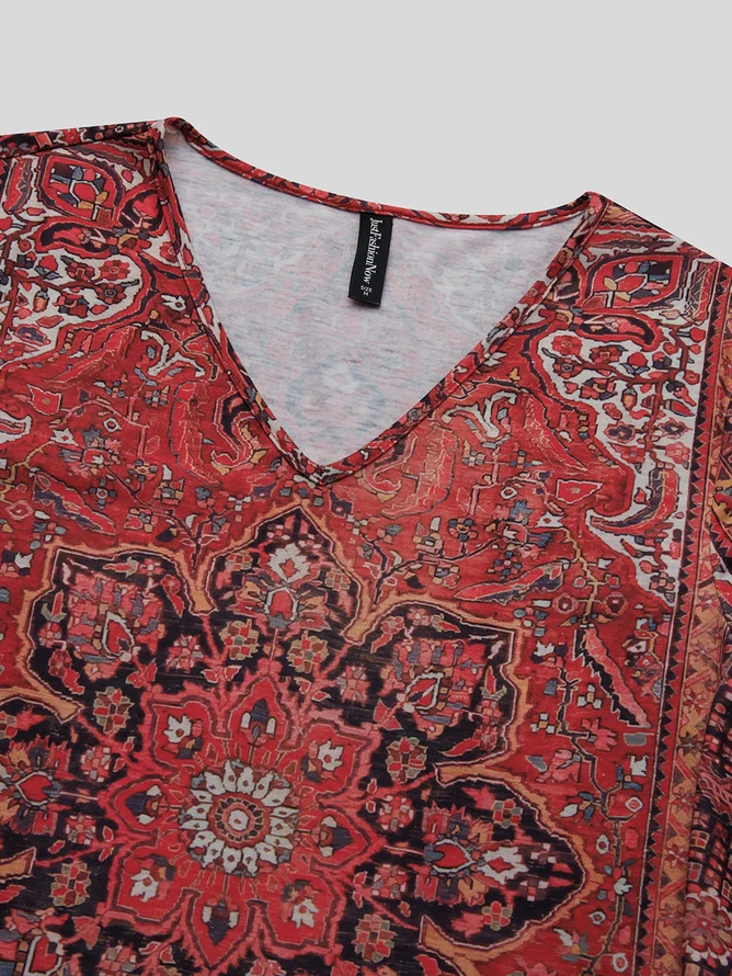 Ethnic Print Short-Sleeved V-Neck T-shirt