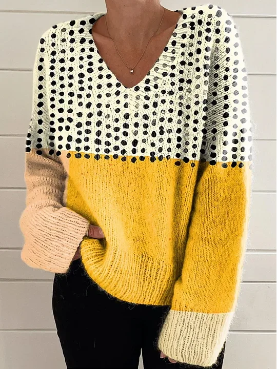 Women's Yellow Color-blocked Dots Print Casual V-neck Pullover Sweatshirt