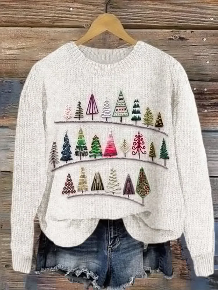 Women's Christmas Tree Embroidered Print Crew Neck Sweater