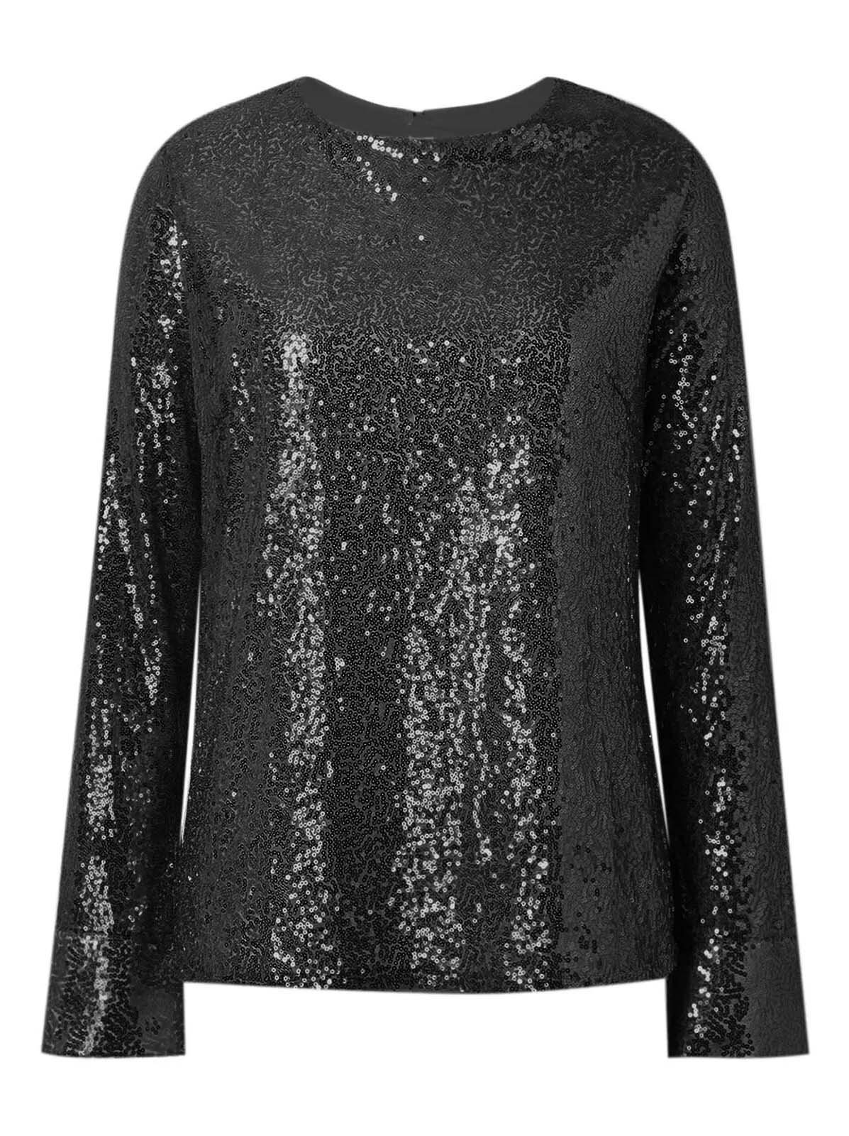 Women Soft Top Sequin Long Sleeve Party Club Blouse Round Neck