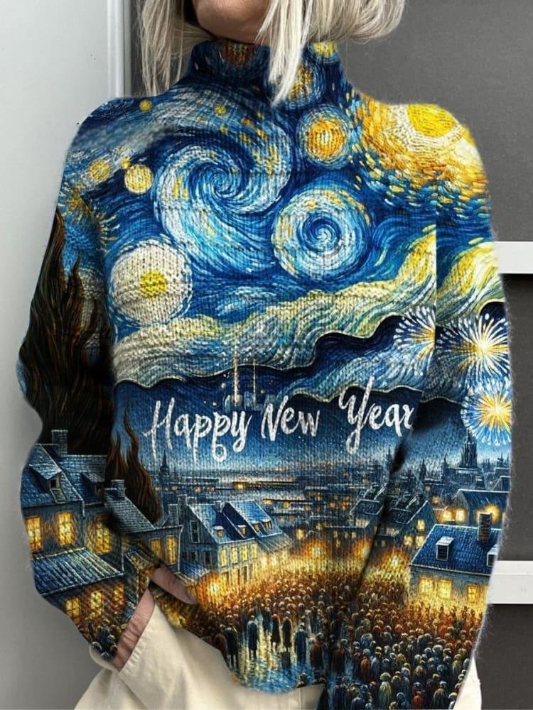 Happy New Year Art Print Knit Turtleneck Pullover Sweatshirt