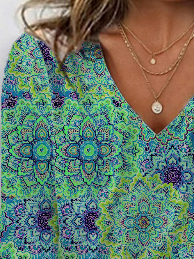 Ethnic Print Long Sleeve V-Neck T-shirt