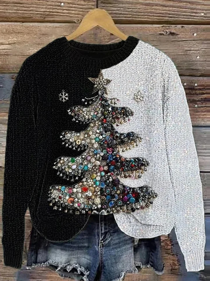 Black and white casual knitted sweater with Christmas tree for women