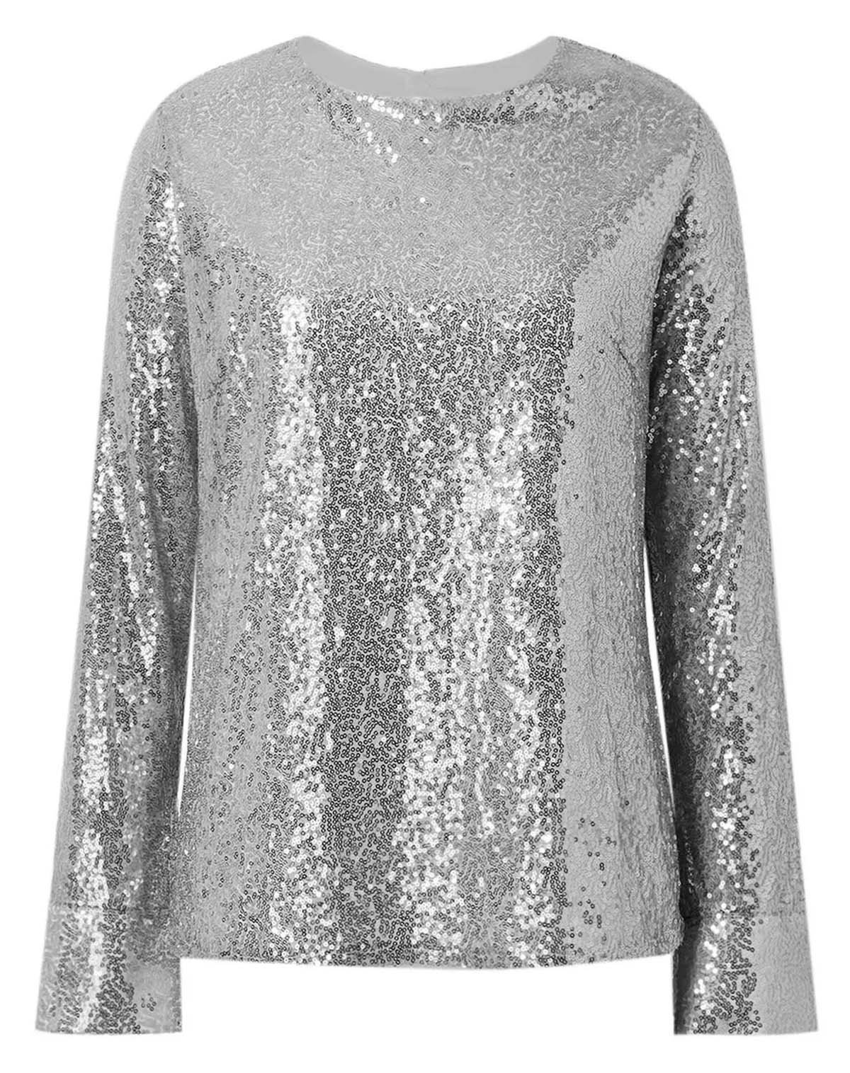 Women Soft Top Sequin Long Sleeve Party Club Blouse Round Neck