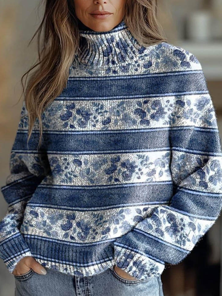 Blue Horizontal Striped Florals Print Knit Turtleneck Pullover Sweater