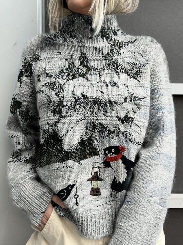 Funny Winter Print Knit Turtleneck Pullover Sweatshirt