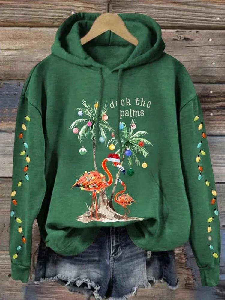 Christmas Flamingo Palm Tree Art Print Casual Hoodie Sweatshirt