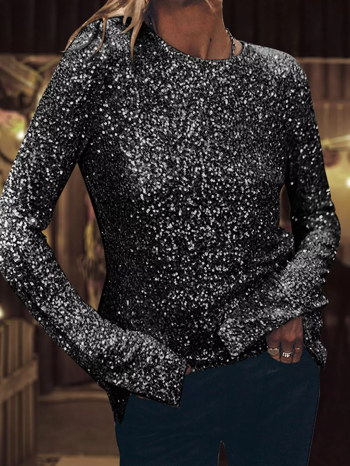 Women Soft Top Sequin Long Sleeve Party Club Blouse Round Neck