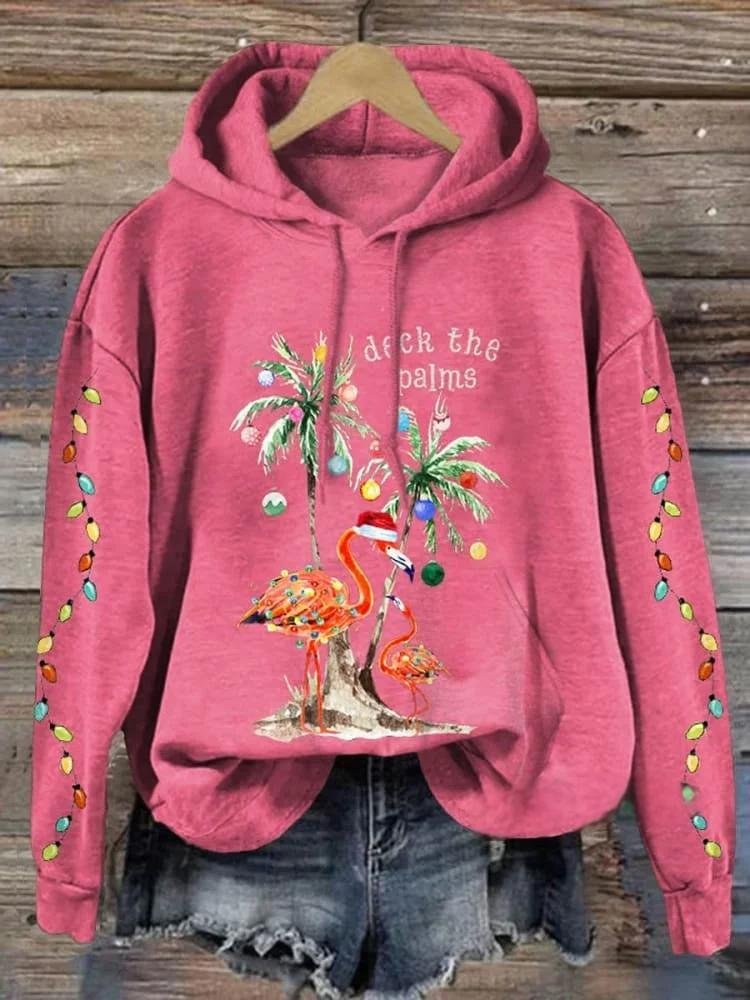 Christmas Flamingo Palm Tree Art Print Casual Hoodie Sweatshirt