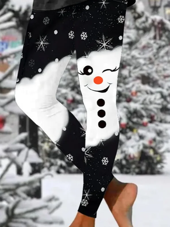 Women's Christmas Snowman Print Tight High Elastic Leggings