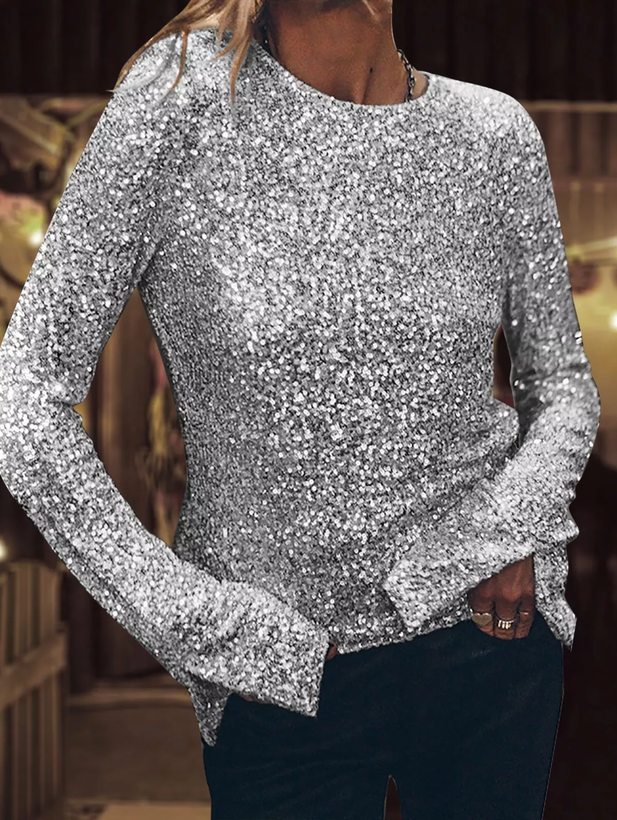 Women Soft Top Sequin Long Sleeve Party Club Blouse Round Neck