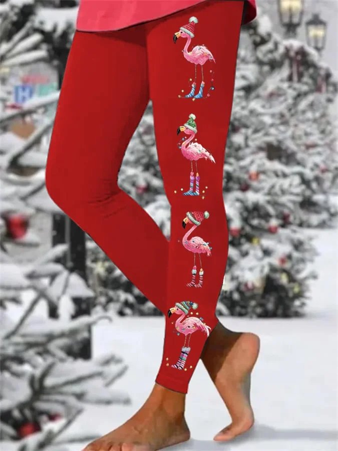 Women's Christmas Flamingo Print Skinny High Stretch Leggings