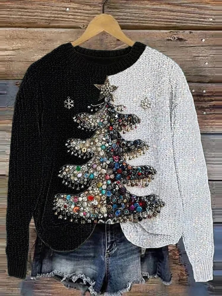 Black and white casual knitted sweater with Christmas tree for women